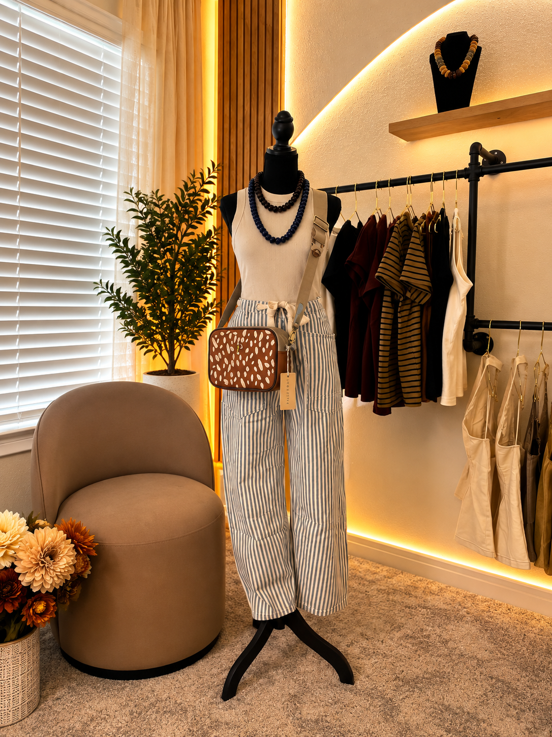 Stripe Printed Barrel Pants with Cotton Tape Belt