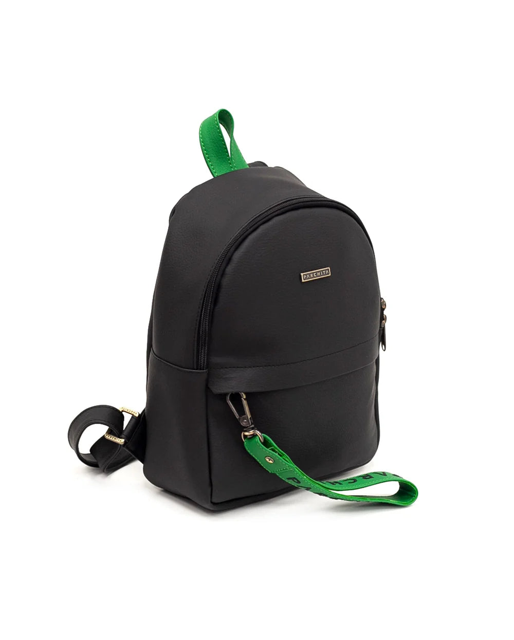 Morral Bruno Negro - vista lateral con detalles verde esmeralda y correa PARCHITA