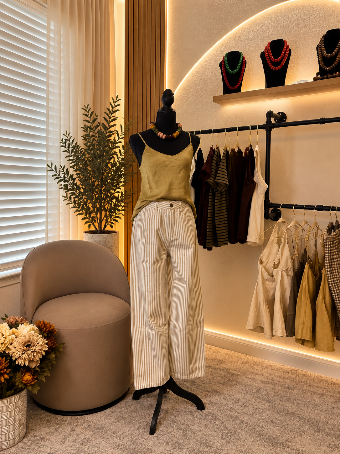 Beige Stripe Barrel Pants