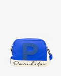 Bandolera Adela Azul Zafiro - vista frontal con gran P glitter tonal y correa Parchita en cursiva