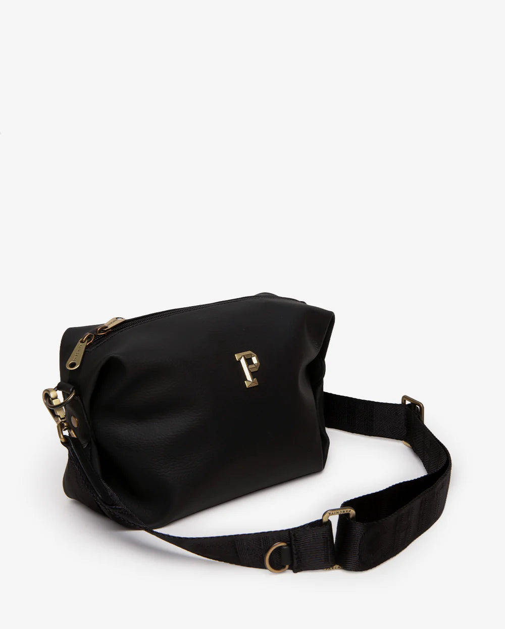 Bandolera Anturio Negro - vista lateral con correa negra tejida