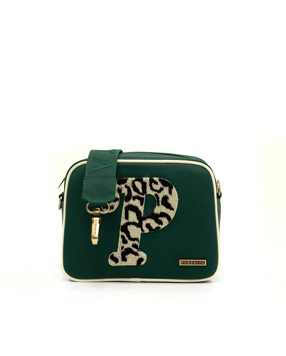 Adela Verde Oscuro - vista frontal con P leopardo dorada