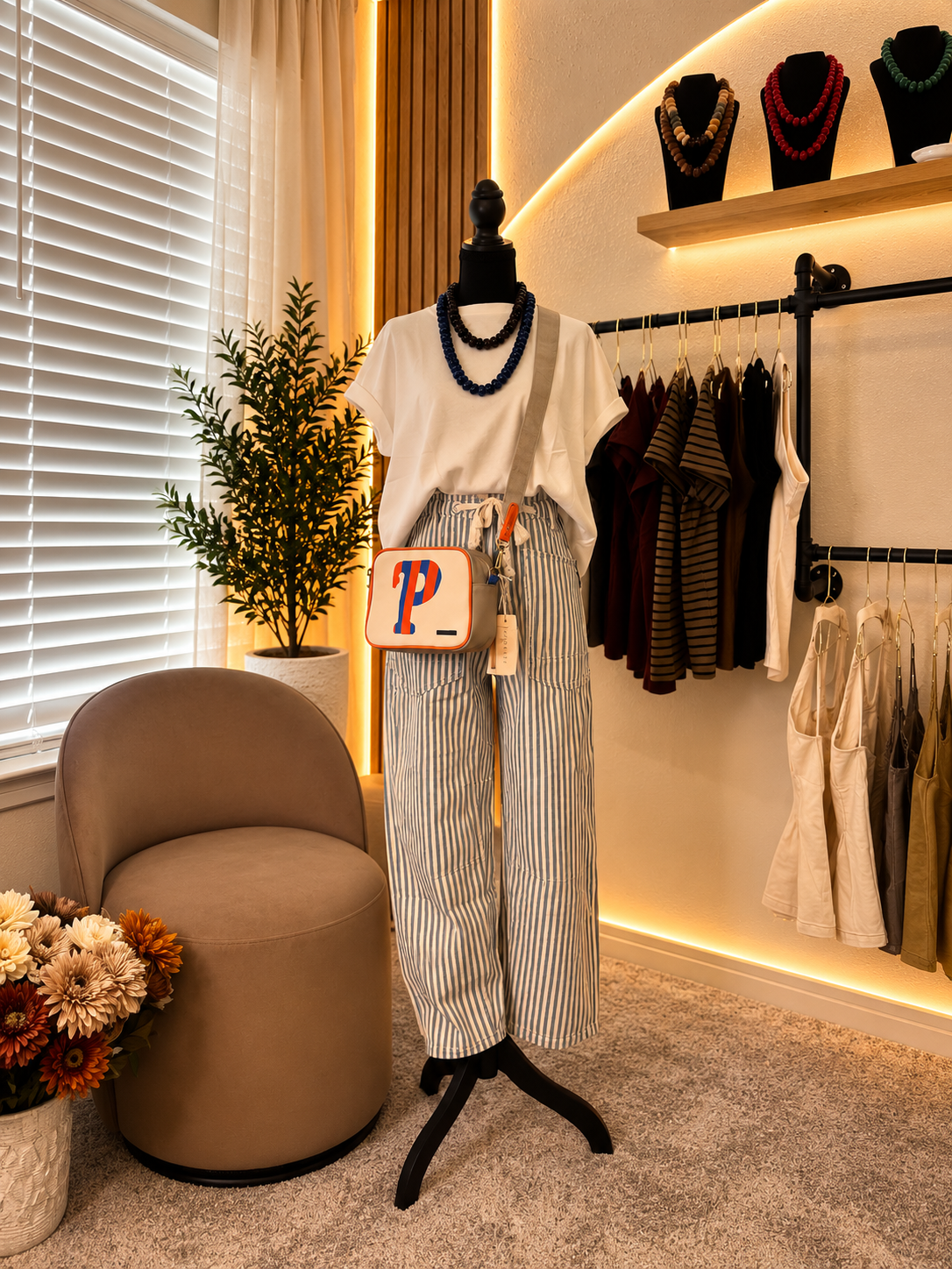 Stripe Printed Barrel Pants with Cotton Tape Belt