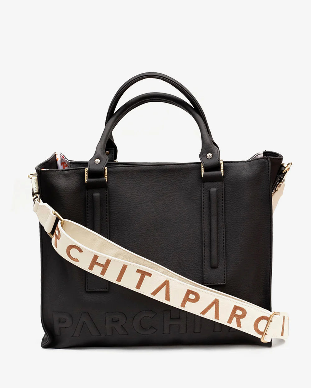 Shopping Emilio Negro - vista frontal con logo PARCHITA en relieve y correa ancha