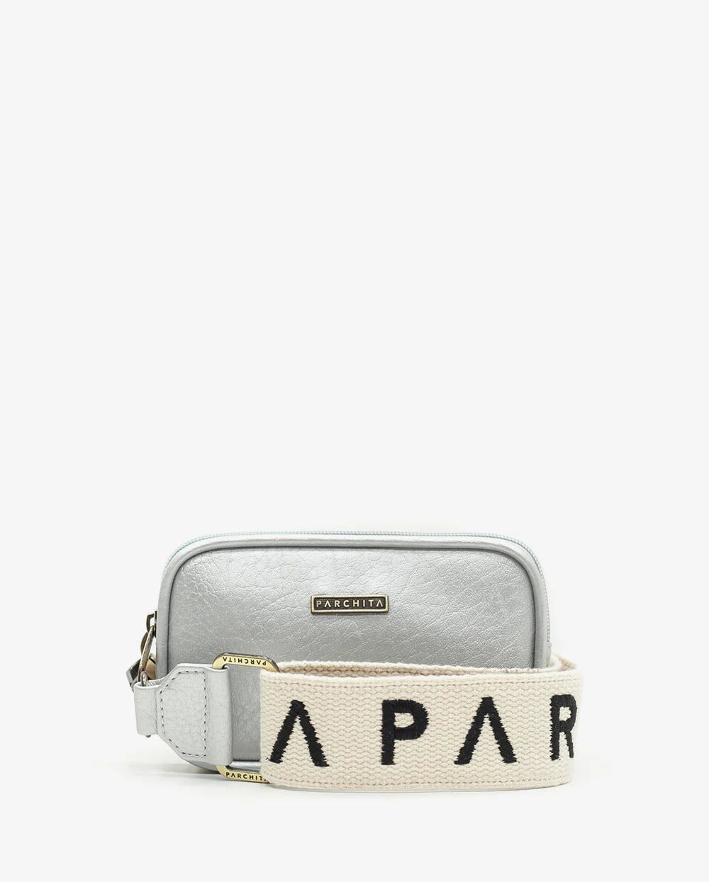 Funny Pack Marsella Plata - vista frontal con placa PARCHITA dorada y correa ivory negro