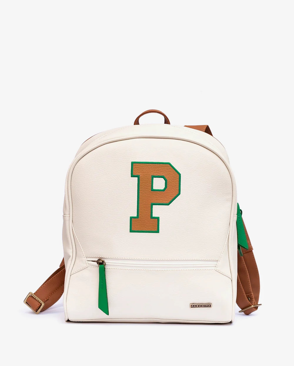 Morral P Beige - vista frontal con gran P universitaria en miel y verde