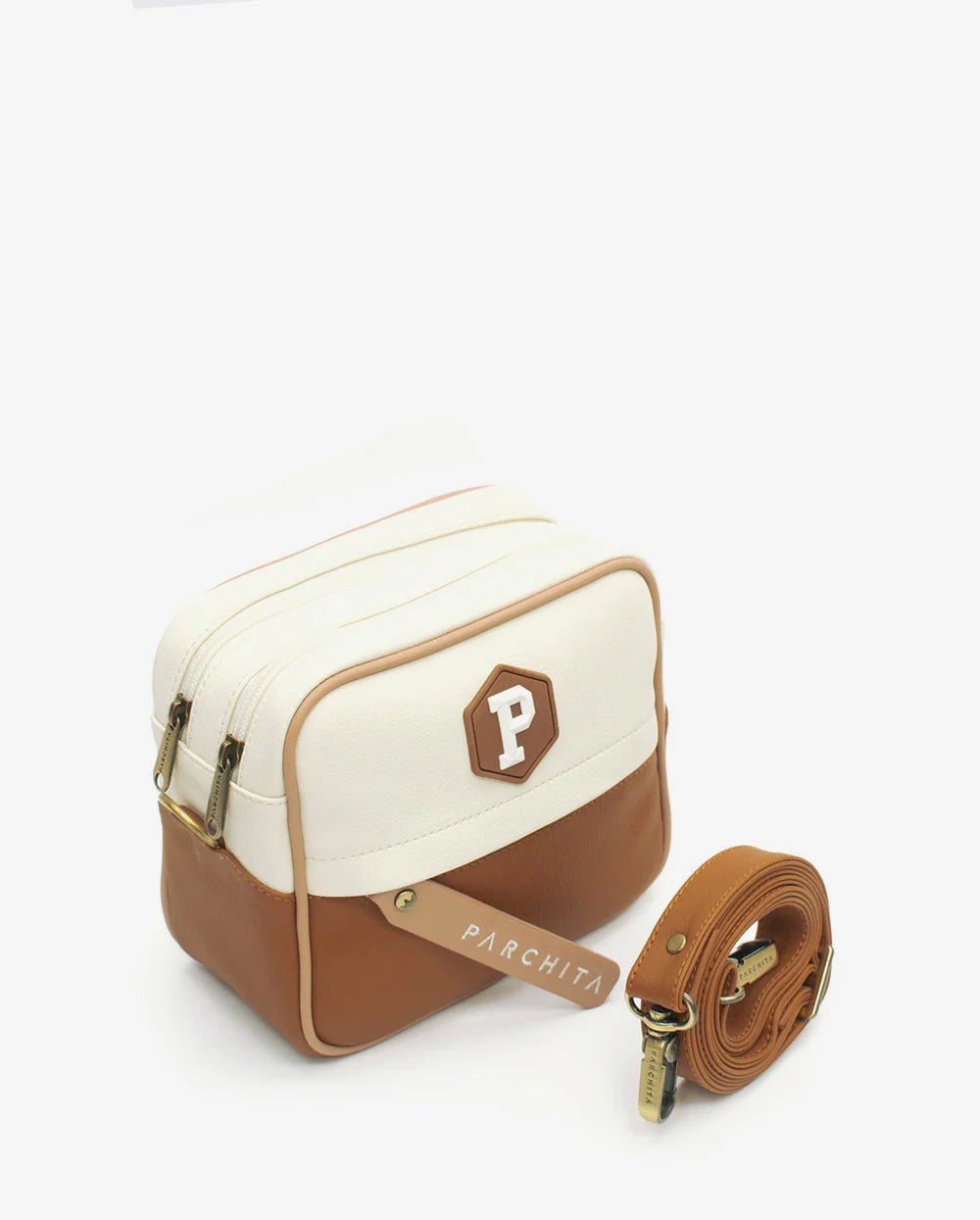 Bandolera Ginebra Ivory x Champaña - vista lateral con correa