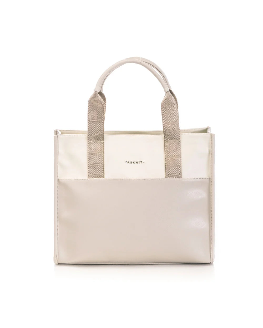 Shopping Clasico Taupe x Crema - vista frontal bicolor con firma Parchita