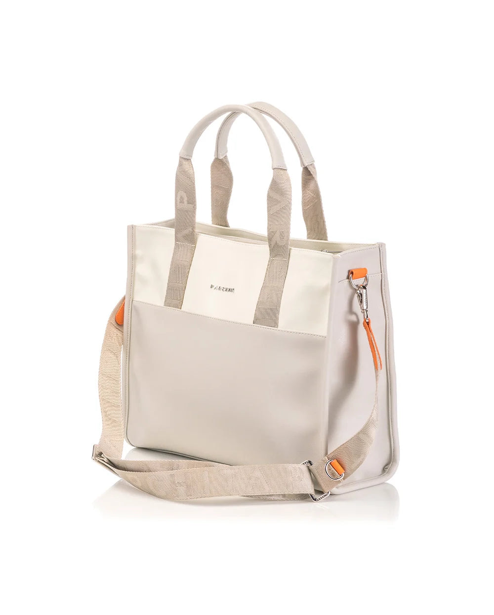Shopping Clasico Taupe x Crema - vista lateral con correa tejida y detalles naranja