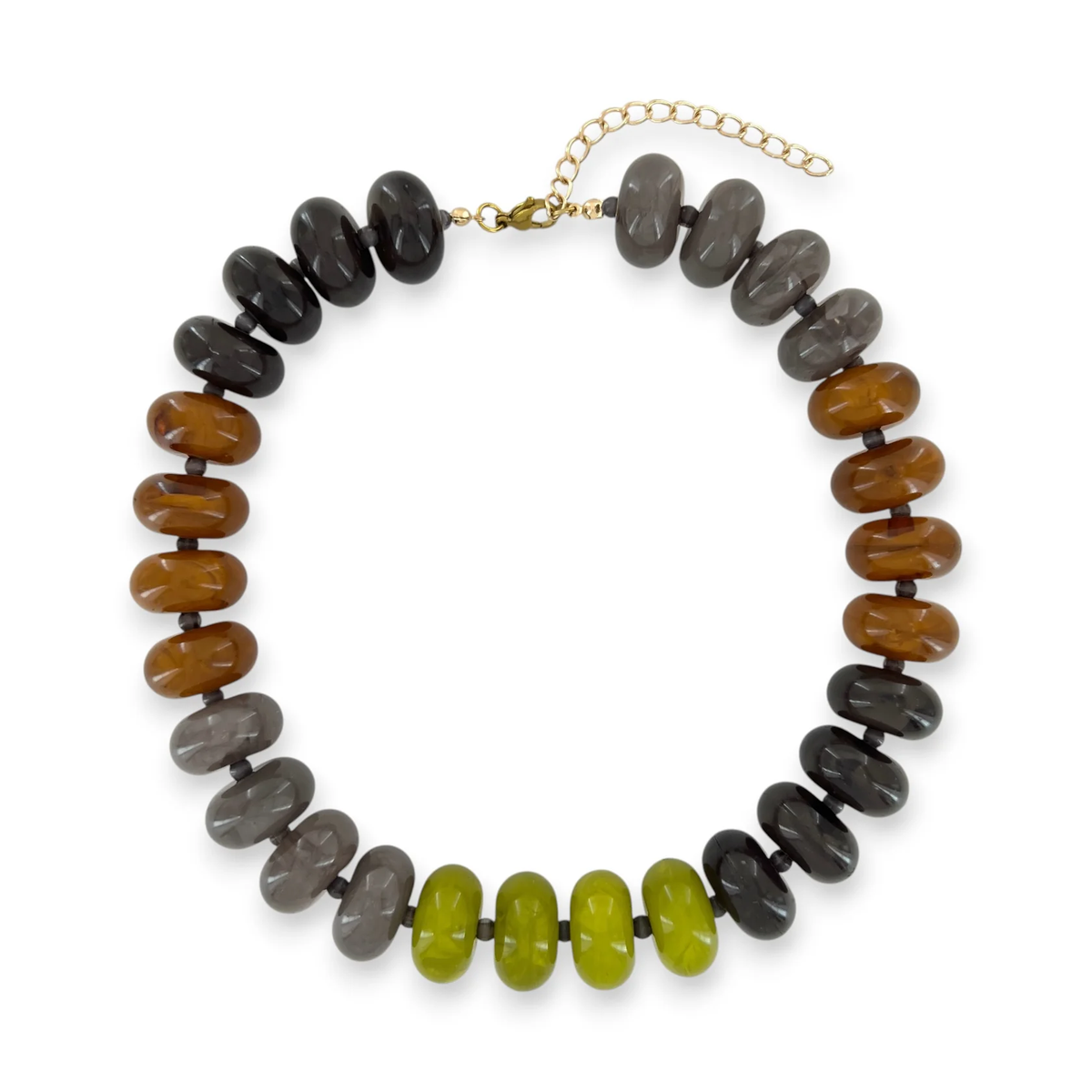 Multicolor resin beaded necklace in ash brown, grey, and olive tones