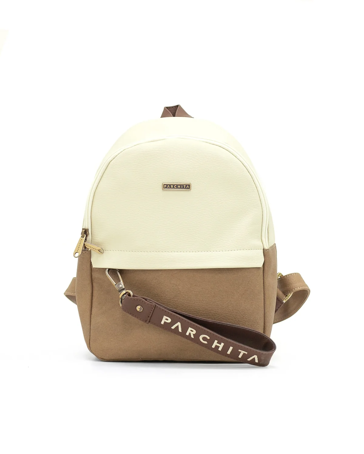 Morral Bruno Beige x Capuchino - vista frontal con correa PARCHITA