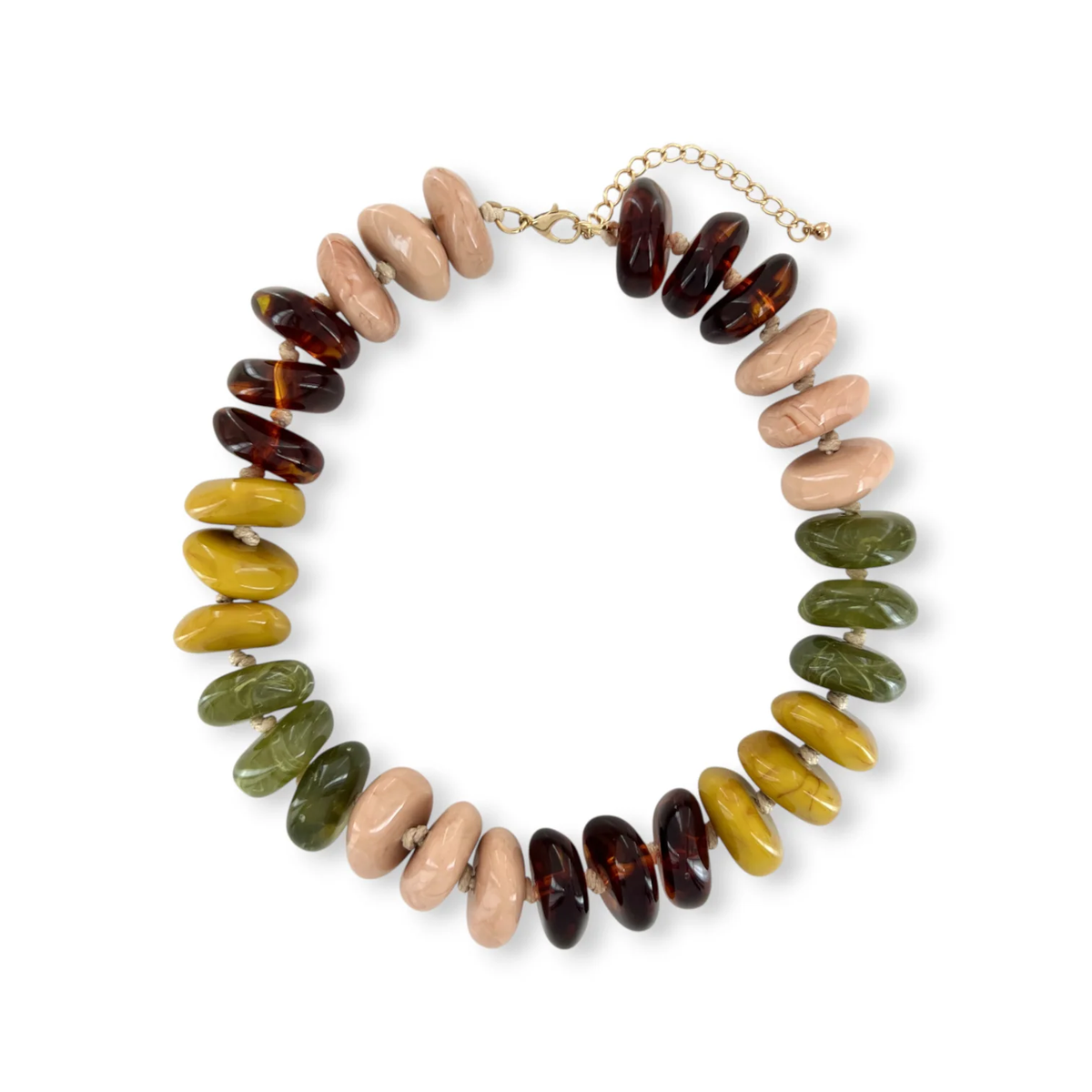 Multicolor resin beaded necklace in cotton, chocolate, olive, and mustard tones