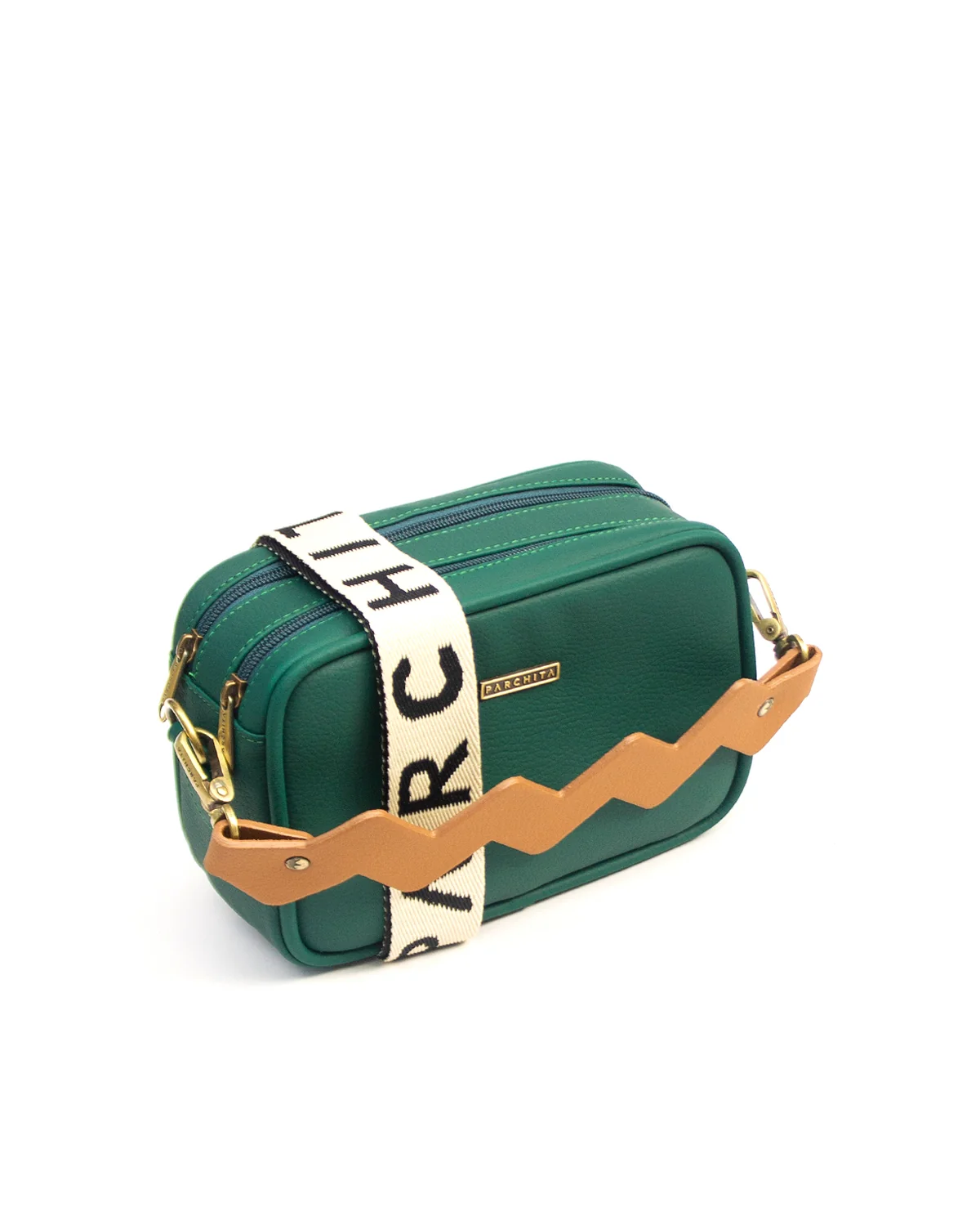 Bandolera Dalia Verde - vista lateral con borde zigzag camel y correa PARCHITA