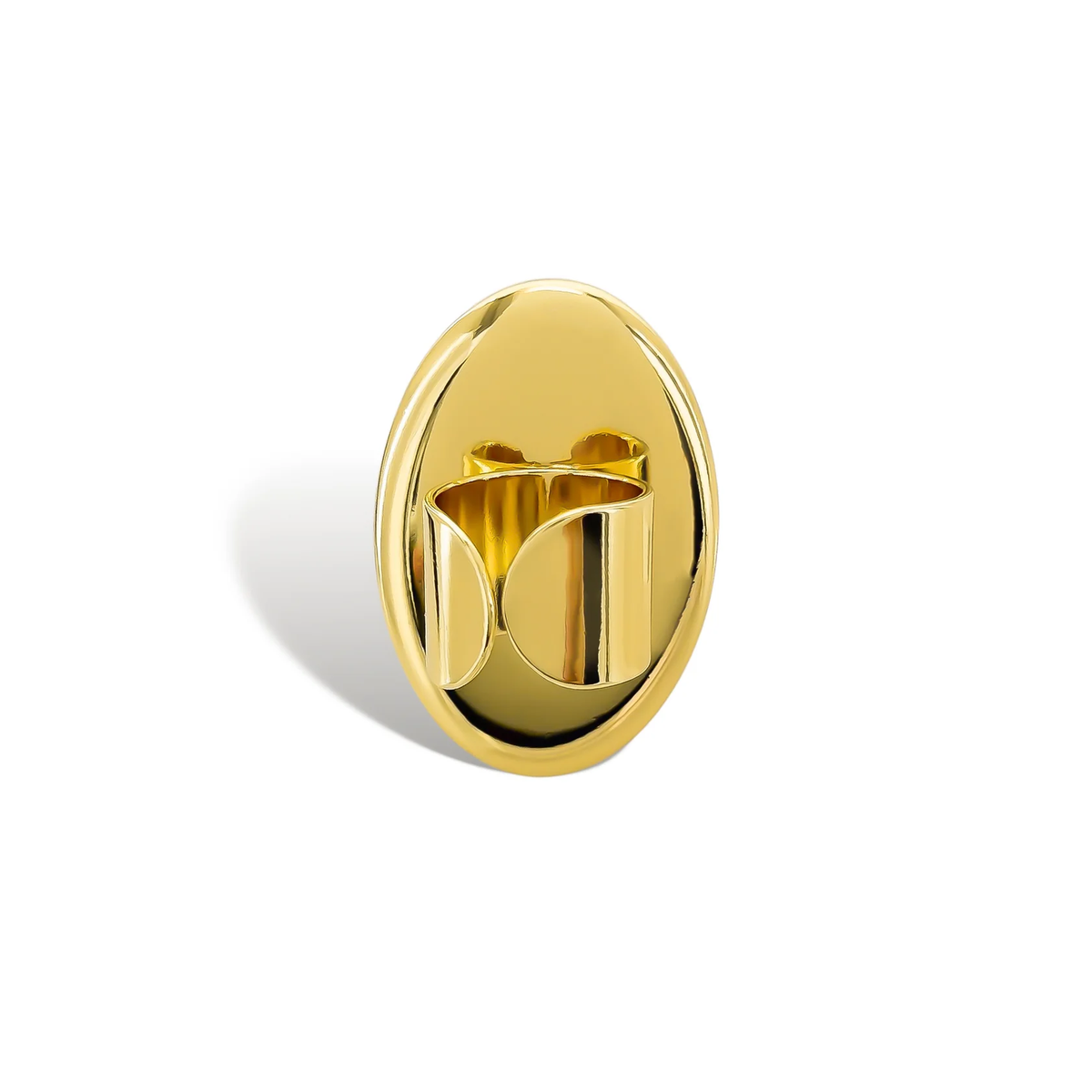 Large oval gold-tone ring, back view showing the adjustable band