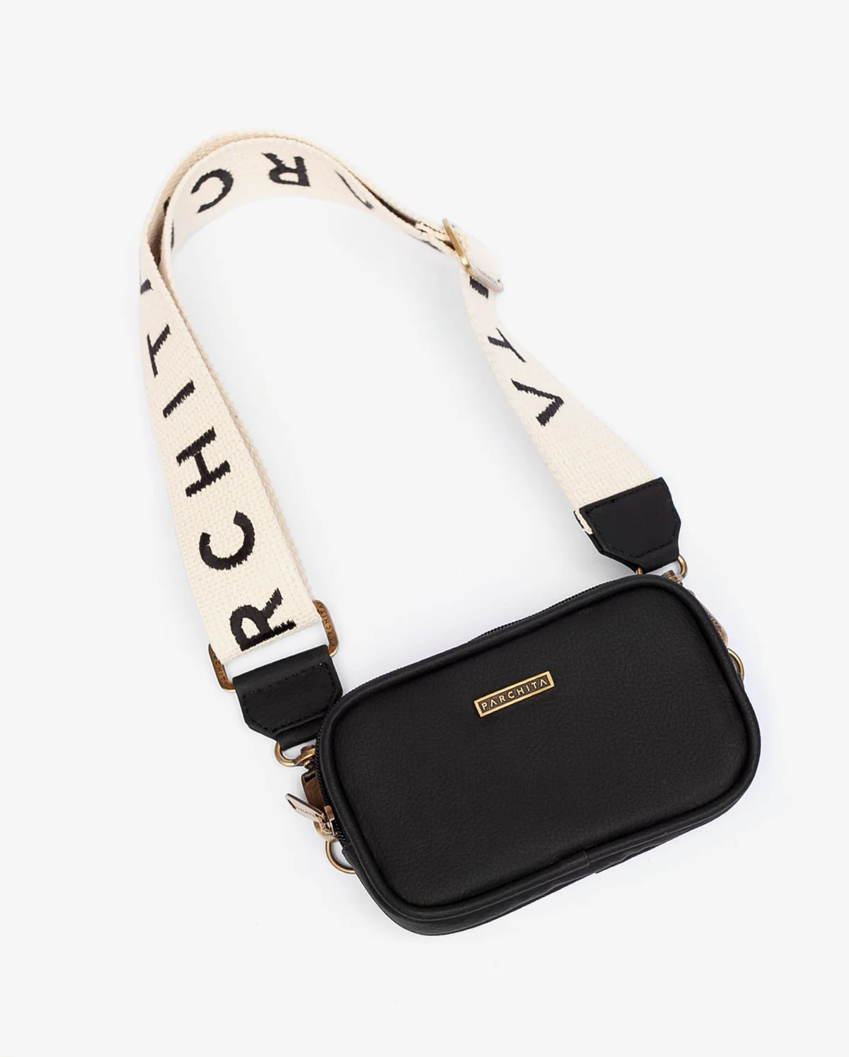 Funny Pack Marsella Negro - vista lateral con correa PARCHITA ivory y negro